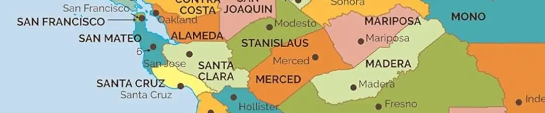 Map showing a section of the the state of California, with all counties available to click for county IHSS contact resources