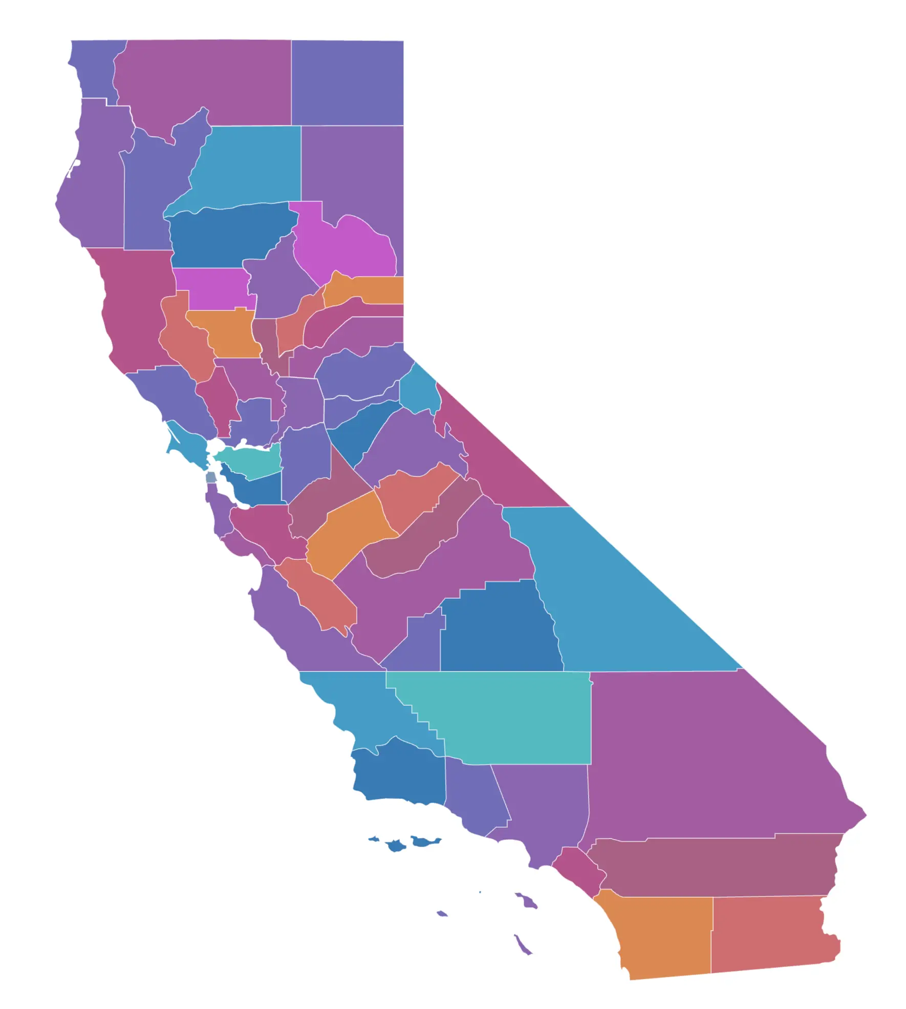 Map showing the state of California, with all counties available to click for county IHSS contact resources
